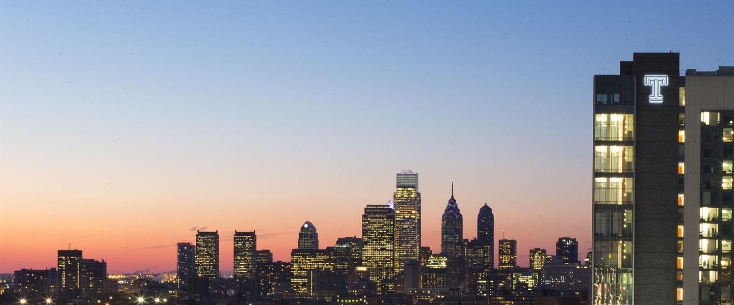Philadelphia skyline at sunset.